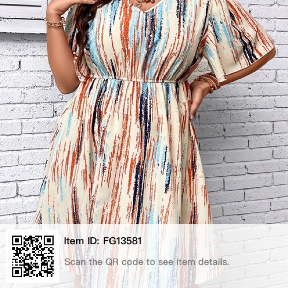 Plus Size Casual Dress, Women's Plus Random Print Short Sleeve V Neck - Picture 3 of 5